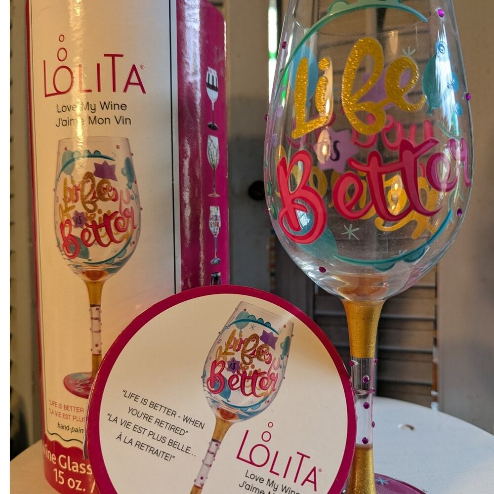 Lolita handpainted celebrating retirement wine glass